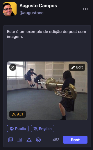 Print de uma tela de inclusão de post do Mastodon, mostrando um exemplo de preenchimento e os controles para inclusão de descrição