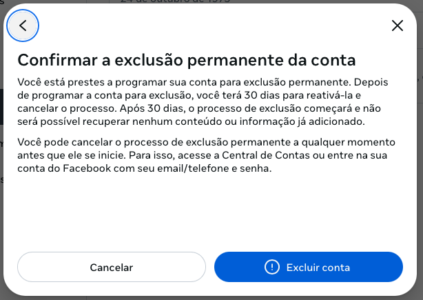 Print de tela com o título “Confirmar a exclusão permanente da conta”, e destaque no botão “Excluir conta”