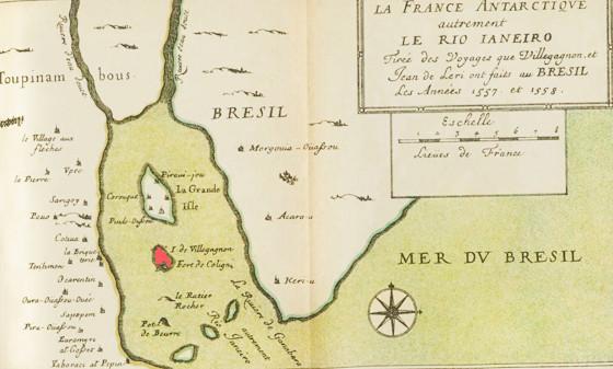 Mapa clássico mostrando a França Antártica