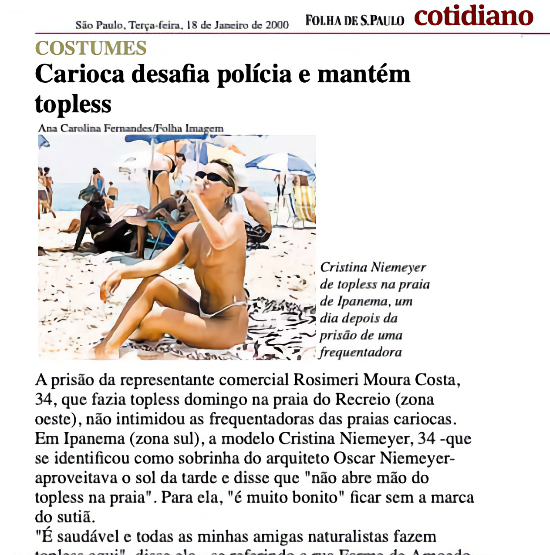Matéria da Folha repercute a prisão da representante comercial pela prática do topless, às vésperas da nova norma.