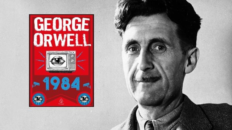 Foto em preto e branco de Orwell, e capa de uma das edições em português de '1984', em cor vermelha, com câmeras de vigilância e uma TV exibindo um grande olho em sua tela.