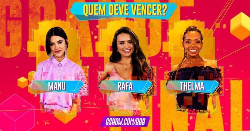Vinheta da final, pedindo votos para Manu, Rafa ou Thelma