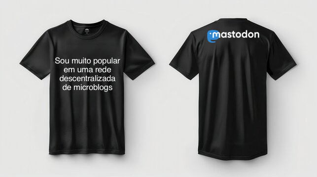 Fotos comerciais de uma camiseta preta, tendo à frente a estampa que diz “Sou muito popular em uma rede descentralizada de microblogs” e atrás, próximo aos ombros, o logo do Mastodon.