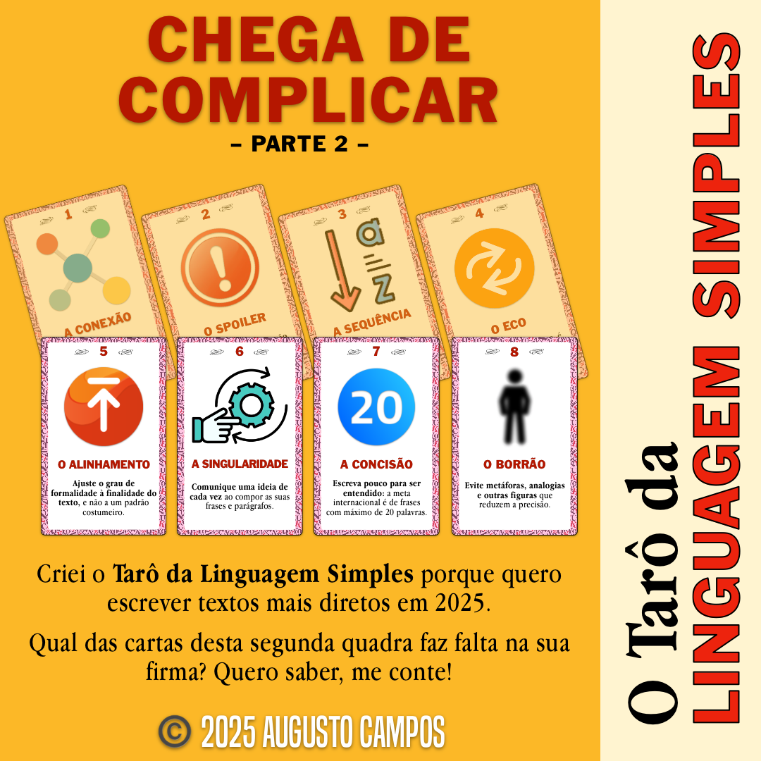 Banner do Tarô da linguagem simples, com o título “CHEGA DE COMPLICAR - Parte 2“ e o texto: “Criei o Tarô da Linguagem Simples porque quero escrever textos mais diretos em 2025. Qual das cartas desta segunda quadra faz falta na sua firma? Quero saber, me conte!“ O banner é ilustrado pela visão parcial de 8 cartas numeradas, todas já publicadas na tag #LinguagemSimples