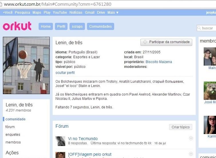 Print da tela da comunidade de ficção histórico-esportiva “Lênin, de três”.