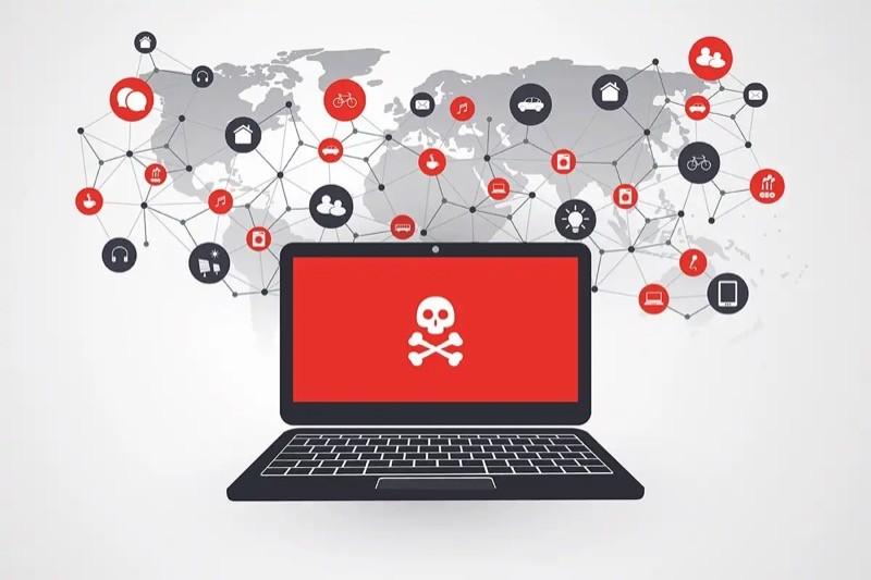 Ilustração representa um malware alcançando a Internet em todos os continentes