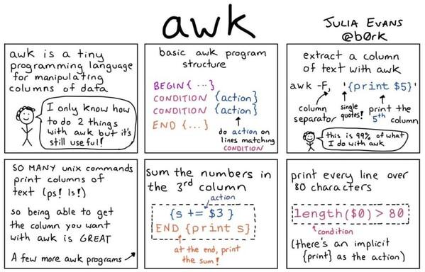 Página de um zine da Julia Evans descrevendo o awk em formato de história em quadrinhos. Em 6 paineis, são apresentados: a estrutura da linguagem, a sintaxe básica, a aplicabilidade básica, e 2 exemplos de aplicação simples.