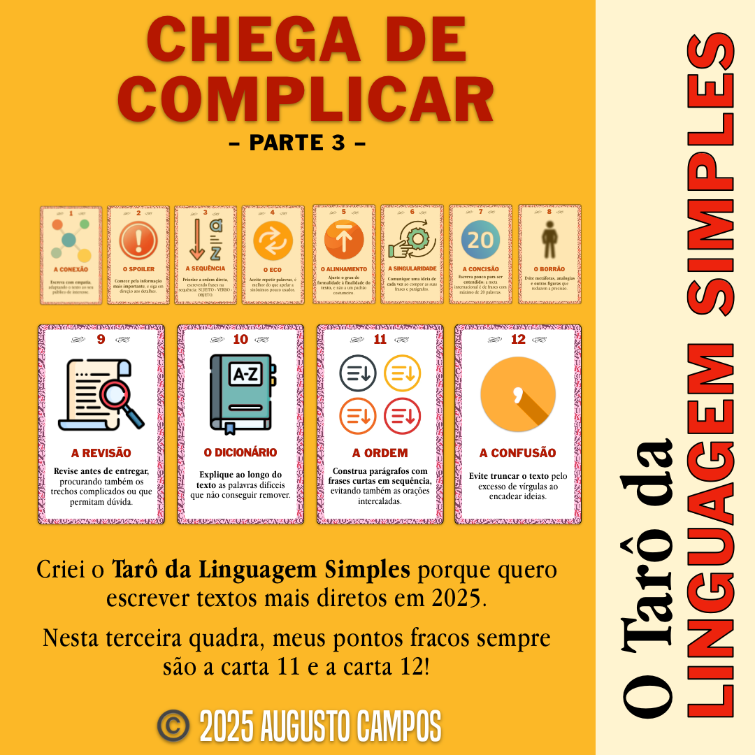 Banner do Tarô da linguagem simples, com o título “CHEGA DE COMPLICAR - Parte 3“ e o texto: “Criei o Tarô da Linguagem Simples porque quero escrever textos mais diretos em 2025. Nesta terceira quadra, meus pontos fracos sempre são a carta 11 e a carta 12!“ O banner é ilustrado pela visão de 12 cartas numeradas, todas já publicadas e descritas na tag #LinguagemSimples