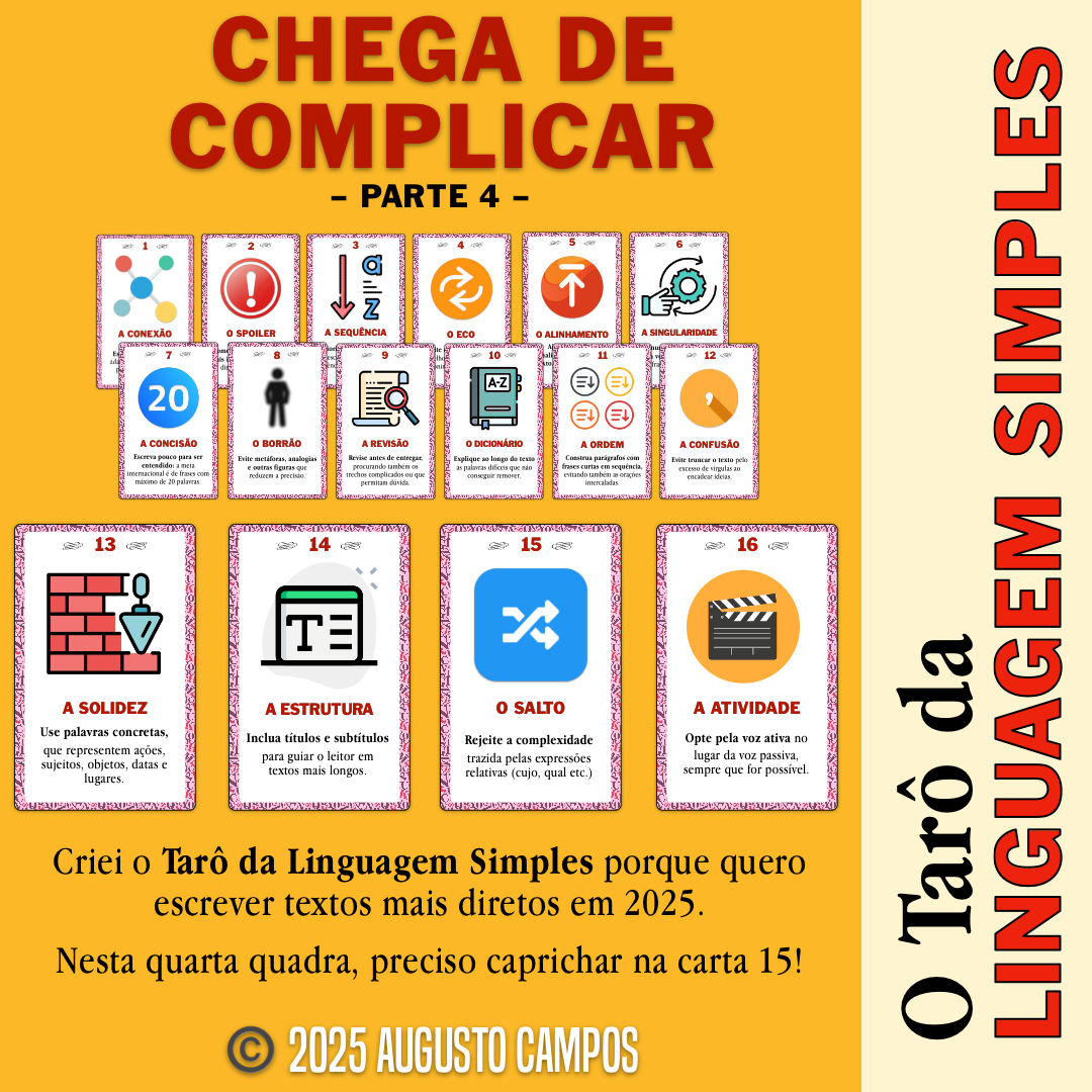 Banner do Tarô da linguagem simples, com o título “CHEGA DE COMPLICAR - Parte 3“ e o texto: “Criei o Tarô da Linguagem Simples porque quero escrever textos mais diretos em 2025. Nesta terceira quadra, meus pontos fracos sempre são a carta 11 e a carta 12!“ O banner é ilustrado pela visão de 12 cartas numeradas, todas já publicadas e descritas na tag #LinguagemSimples