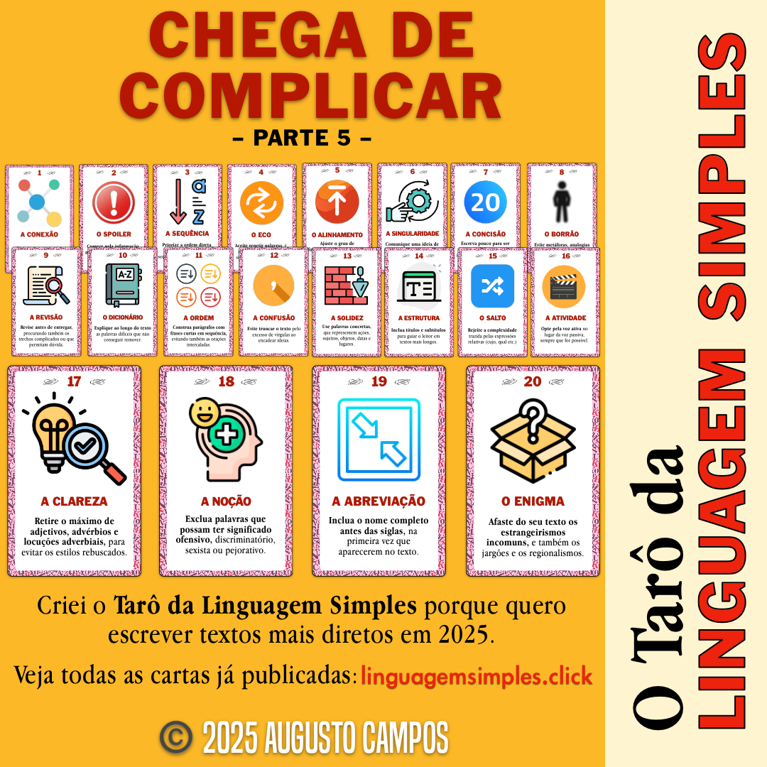 Banner do Tarô da linguagem simples, com o título “CHEGA DE COMPLICAR - Parte 5“ e o texto: “Criei o Tarô da Linguagem Simples porque quero escrever textos mais diretos em 2025. Veja todas as cartas já publicadas: linguagemsimples.click“ O banner é ilustrado pela visão de 20 cartas numeradas, todas já publicadas e descritas na tag #LinguagemSimples