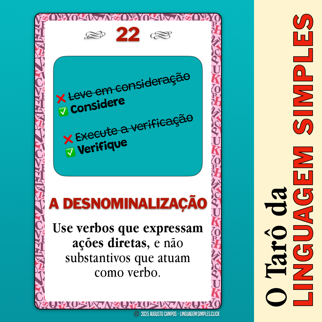 Imagem da carta descrita no post, contendo um ícone representando a substituição de “leve em consideração“ por “considere“, e de “execute a verificação“ por “verifique“.