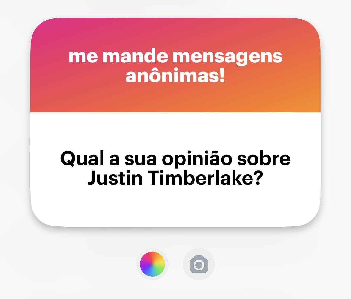 Banner do NGL com a pergunta: <br><br>Qual a sua opinião sobre<br>Justin Timberlake?
