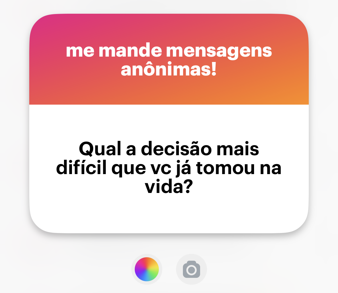 Banner do NGL com a pergunta: <br><br>Qual a decisão mais difícil que vc já tomou na vida?