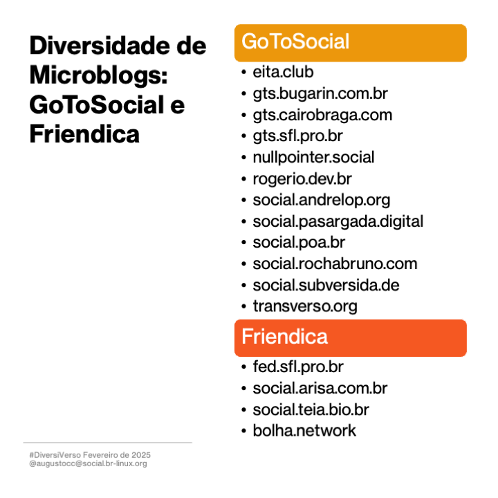 Imagem contendo o texto a seguir:<br>Diversidade de Microblogs: GoToSocial e Friendica<br><br>GoToSocial<br>- eita.club<br>- gts.bugarin.com.br<br>- gts.cairobraga.com<br>- gts.sfl.pro.br<br>- nullpointer.social<br>- rogerio.dev.br<br>- social.andrelop.org<br>- social.pasargada.digital<br>- social.poa.br<br>- social.rochabruno.com<br>- social.subversida.de<br>- transverso.org<br><br>Friendica<br>- fed.sfl.pro.br<br>- social.arisa.com.br<br>- social.teia.bio.br<br>- bolha.network