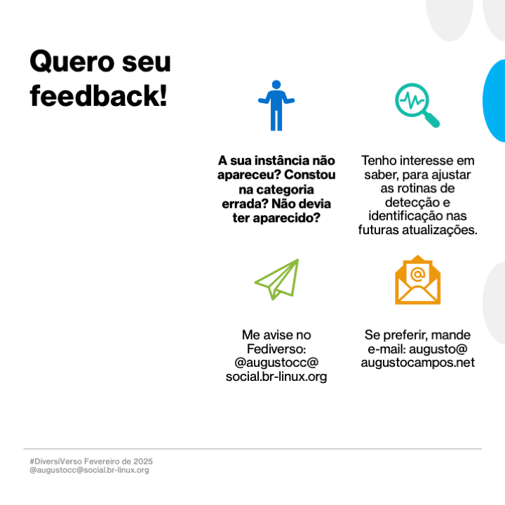 Imagem contendo o texto a seguir:<br>Quero seu feedback!<br><br>A sua instância não apareceu? Constou na categoria errada? Não devia ter aparecido?<br><br>Tenho interesse em saber, para ajustar as rotinas de detecção e identificação nas futuras atualizações.<br><br>Me avise no Fediverso: @augustocc@social.br-linux.org<br><br>Se preferir, mande e-mail: augusto@augustocampos.net