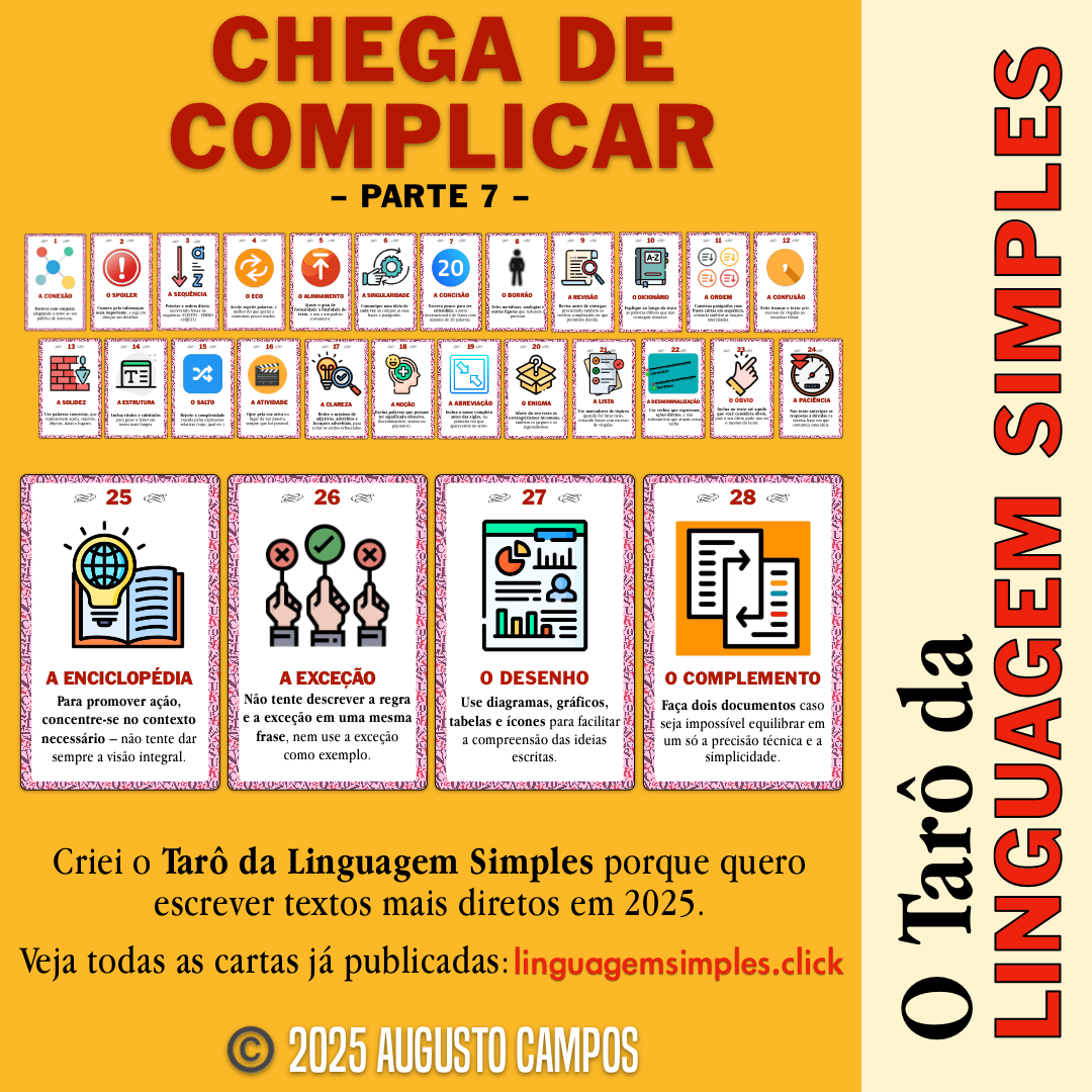 Banner do Tarô da linguagem simples, com o título “CHEGA DE COMPLICAR - Parte 7“ e o texto: “Criei o Tarô da Linguagem Simples porque quero escrever textos mais diretos em 2025. Veja todas as cartas já publicadas: linguagemsimples.click“ O banner é ilustrado pela visão de 24 cartas numeradas, todas já publicadas e descritas na tag #LinguagemSimples