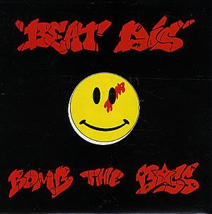 Capa do single de Beat Dis, do Bomb The Bass, com um sorridente smiley circular amarelo sobre um fundo preto.