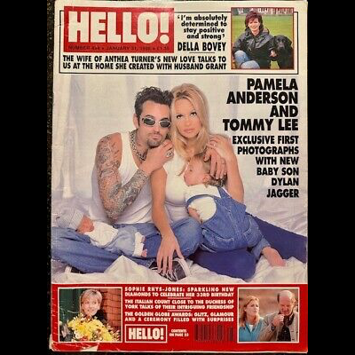 Capa da revista Hello, de janeiro de 1998, com foto do casal e do bebê, e o texto: Pamela<br>Anderson and Tommy Lee – exclusive first photographs with new baby son Dylan Jagger.