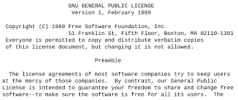 Foto do cabeçalho e preâmbulo da versão 1 da licença GPL, datada de fevereiro de 1989