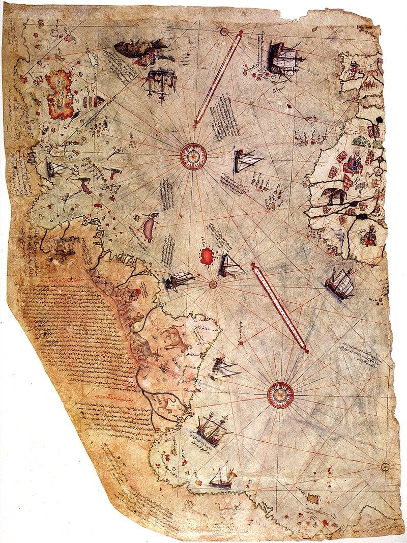 Fragmento do mapa de Piri Reis, no trecho que mostra a costa leste do continente Americano, do litoral paulista ao Canadá.
