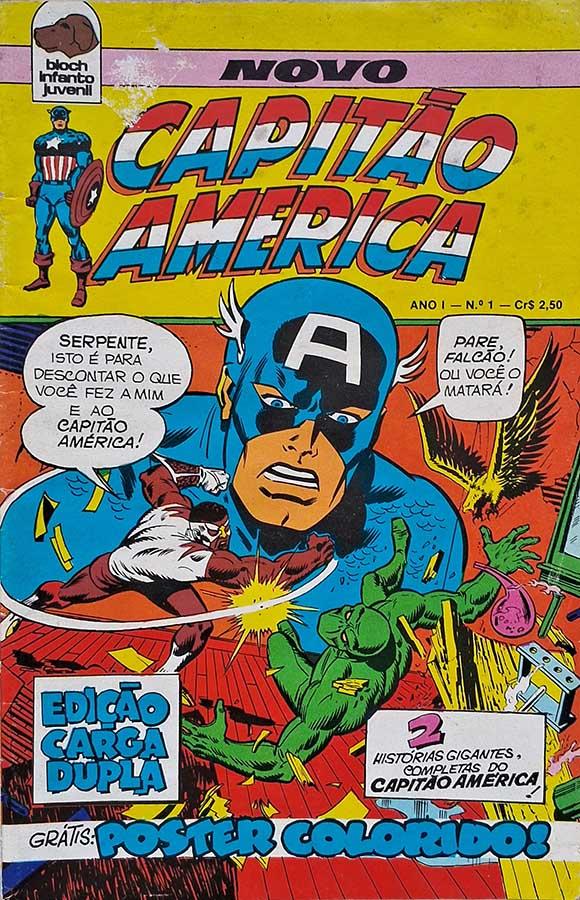 Capa da primeira edição do Capitão América pela Bloch, com o personagem Falcão dando um soco no vilão Serpente, enquanto o Capitão América diz: “Pare, Falcão, ou você o matará!”