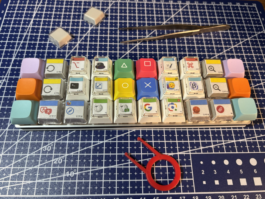 Um teclado com 3 fileiras de 10 teclas cada, contendo 6 teclas coloridas e sem glifos, 4 teclas coloridas com glifos geométricos de controle de playstation, e 20 teclas com ícones, incluindo símbolos como lupas, novelos, clips, emojis, ícones de serviços on-line e ícones de aplicativos