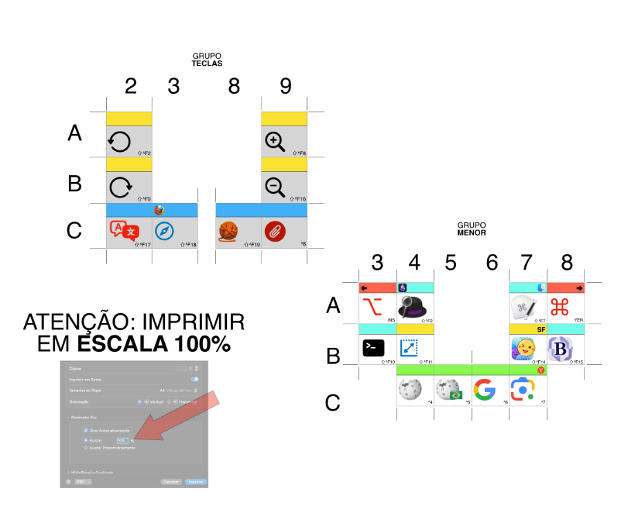 Arquivo contendo as imagens correspondentes às 20 teclas com ícones, incluindo símbolos como lupas, novelos, clips, emojis, ícones de serviços on-line e ícones de aplicativos