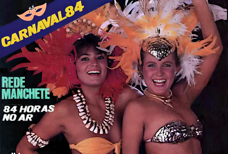 Luíza Brunet e Xuxa Meneghel, de plumas e biquíni, em peça promocional da cobertura da Manchete do carnaval de 1984.