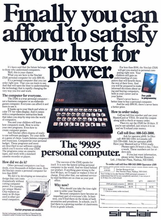 Anúncio do ZX81 no mercado dos EUA, abaixo de 100 dólares.