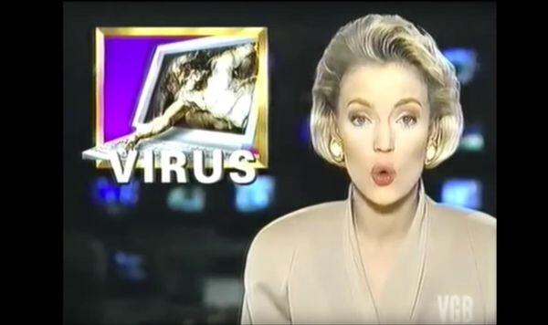 frame de um telejornal na época, falando sobre o vírus Michelangelo