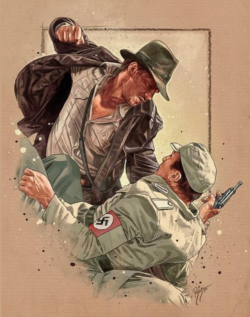 Gravura do personagem Indiana Jones, em cena de filme, retribuindo a agressão de um soldado com uniforme contendo cruz suástica.