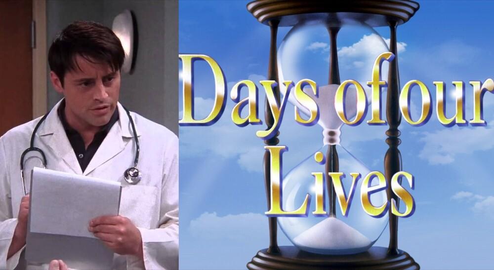 O personagem Joey Tribianni caracterizado como Dr. Drake Remoray, ao lado da abertura de Days of Our Lives