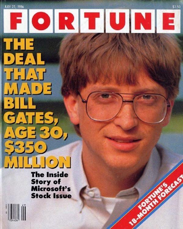 Capa da revista Fortune com foto do jovem Bill Gates e a notícia da venda inicial de ações