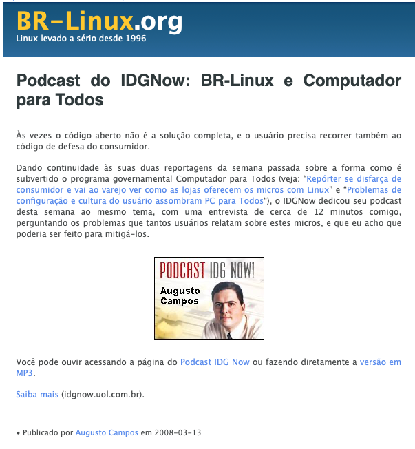 Print do post do BR-Linux com o título “Podcast do IDGNow: BR-Linux e Computador<br>para Todos“, incluindo um banner do podcast, com foto minha, novinho e de camisa social.