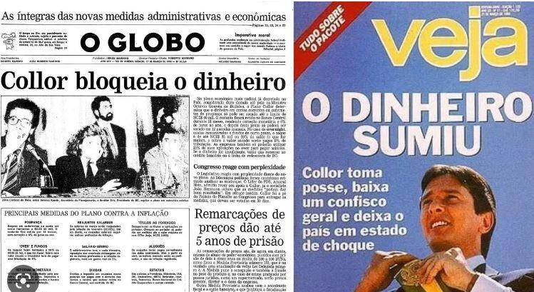 Reprodução das manchetes do Globo (“Collor bloqueia o dinheiro“) e da Veja (“O dinheiro sumiu“) da época.