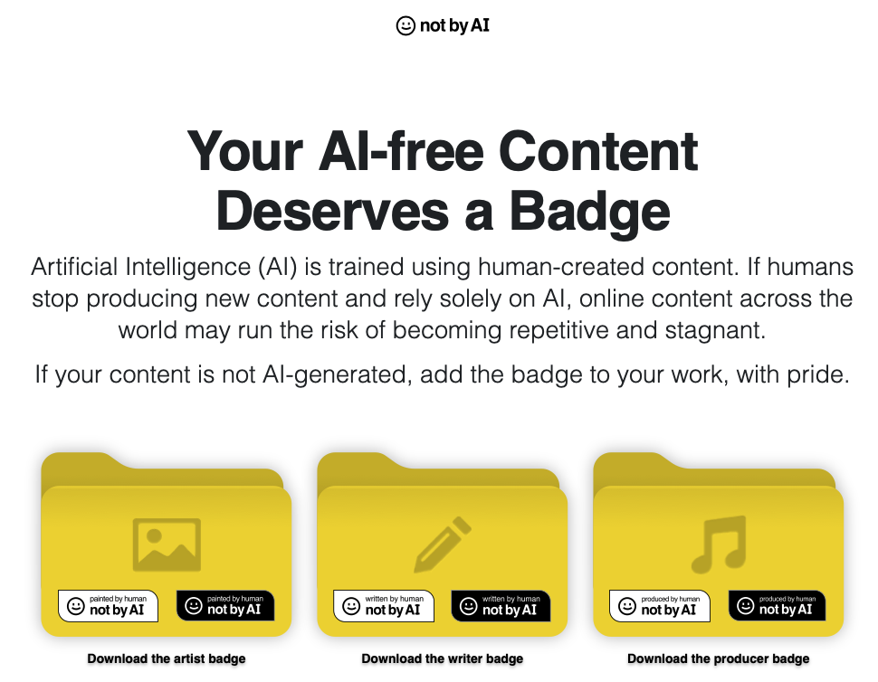 print do site com selos indicativos de conteúdo que não foi produzido por inteligência artificial, com o título: Your AI-free content deserves a badge<br>