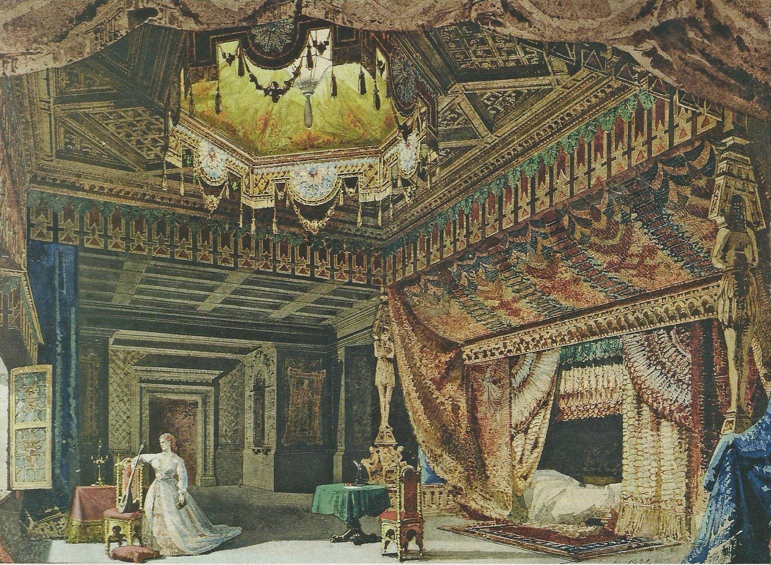 Cenário de O Guarani - Aquarela de Carlo Ferrario