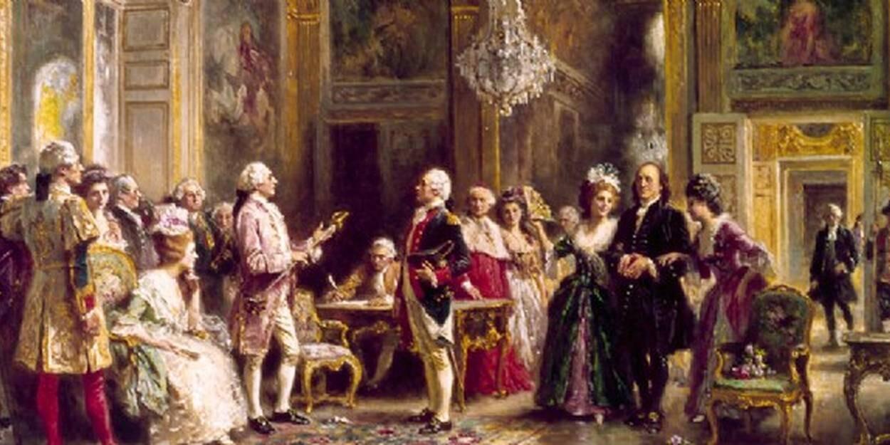 Pintura representando oficiais dos EUA no Palácio de Versalhes.