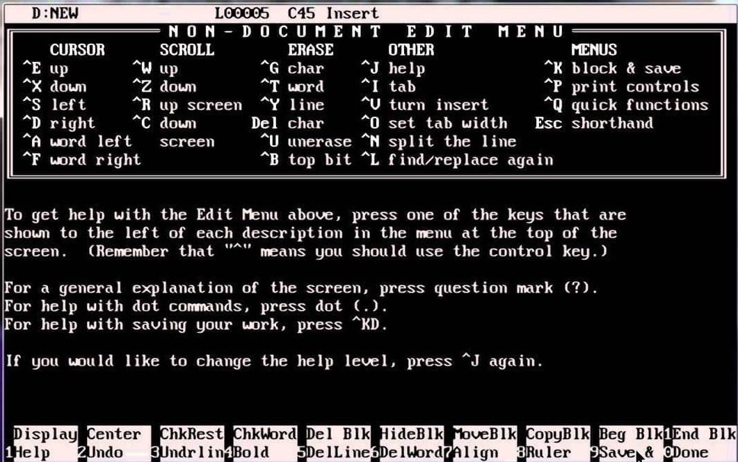 Tela do WordStar para DOS, mostrando o menu de teclas de atalho, a ajuda e os indicativos de comandos associados às teclas de função do PC.