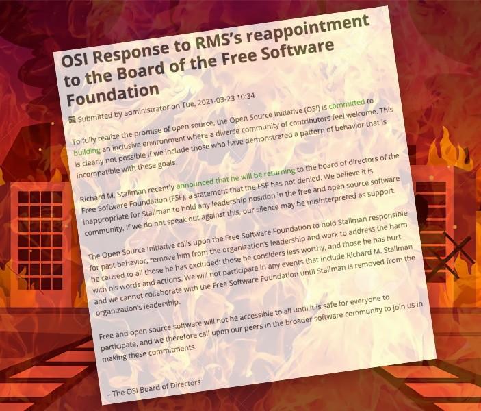 Imagem de um cenário de destruição sobre o qual foi colada a mensagem da OSI, com o título: OSI Response to RMS reappointment to the Board of the Free Software Foundation